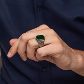 Yeşil Akik Taşlı Oyma Motif 925 Gümüş Erkek Yüzük thumbnail 5