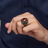 Kırmızı Taşlı 925 Gümüş Erkek Yüzük thumbnail 4