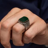 Yeşil Akik Taşlı Oyma Motif 925 Gümüş Erkek Yüzük thumbnail 8