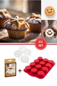 12'li Silindir Muffin Kek Kalıbı ve Pasta Süsleme Şablonu, Kahve, Tatlı Şekillendirici Süsleme Aparatı İkili Set - 3