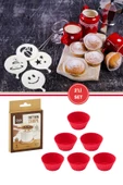 6lı Airfryer Silikon Kek Muffin Kalıbı ve Pasta Süsleme Şablonu, Kahve, Tatlı Şekillendirici Süsleme Aparatı İkili Set - 1
