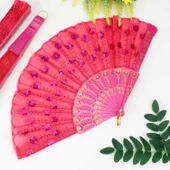 Plastik Pullu Kumaş Yelpaze 12'li Fuşya - 1
