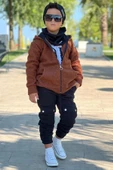 Erkek Çocuk OK Yazı Baskılı Kazak Kahverengi Peluş Yünlü Ceket Penye Alt Eşofman Takım - 1