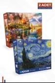 2 Adet 1000 Parça Puzzle - Starry Night (Yıldızlı Gece) - Mountain Houses (Dağ Evleri) - 1