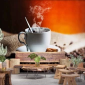 Fincan ve Kahve Temalı Cafe Duvar Kağıdı Baskı - 1