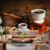 Kahve Öğütme ve Cezve Temalı Cafe Duvar Kağıdı Baskı thumbnail 1