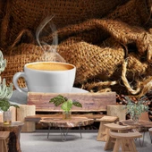 Fincan ve Kahve Çekirdeği Temalı Cafe Duvar Kağıdı Baskı - 1