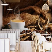 Fincan ve Kahve Çekirdeği Temalı Cafe Duvar Kağıdı Baskı - 2