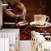 Fincan ve Kahve Çekirdeği Temalı Cafe Duvar Kağıdı Baskı - 2