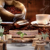 Fincan ve Kahve Çekirdeği Temalı Cafe Duvar Kağıdı Baskı - 1