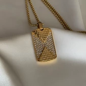 Taşlı Gold Künye Kolye - 4