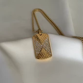 Taşlı Gold Künye Kolye - 2