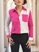 Kadın Uzun Kollu Büyük Yaka Cep Detaylı Trikoton Gömlek thumbnail 8