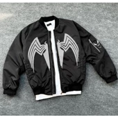 Tam Fermuarlı Uzun Kol Baskılı Bomber Ceket - Siyah - 4