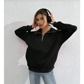 Unisex Uzun Kol Yarım Farmuarlı Yakalı Basic SweatShirt - Siyah - 4