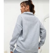 Unisex Uzun Kol Yarım Farmuarlı Yakalı Basic SweatShirt - Gri - 3