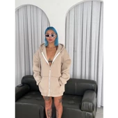 Oversize Tam Fermuarlı Uzun Kol Hırka - Bej - 2