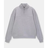 Oversize Yarım Farmuarlı Yakalı Basic SweatShirt - Gri - 2