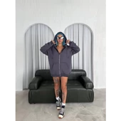 Oversize Tam Fermuarlı Uzun Kol Hırka - Füme - 3