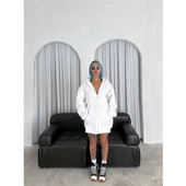 Oversize Tam Fermuarlı Uzun Kol Hırka - Beyaz - 2