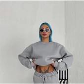 Kışlık Bisiklet Yaka Üç İplik Basic SweatShirt - Gri - 2