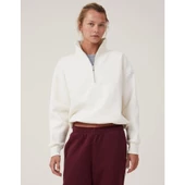 Oversize Yarım Farmuarlı Yakalı Basic SweatShirt - Beyaz - 2