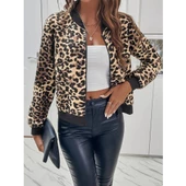 Lucky Life Kadın Uzun Kollu önden Fermuarlı Leopar Baskılı şardonlu Dalgıç Ceket - 6