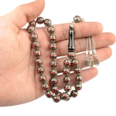 Küre Kesim 10x10 mm İşlemeli Erzurum Oltu Taşı Gümüş Püsküllü Tesbih - 2