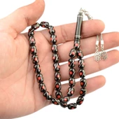 Kapsül Kesim 10x7 mm İşlemeli Erzurum Oltu Taşı  Gümüş Püsküllü Tesbih thumbnail 2