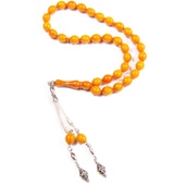 Beyzi Kesim 11x9 mm Hareli Sıkma Kehribar Alpaka Püsküllü Tesbih thumbnail 1