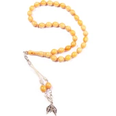 Sığırcık Kesim 11x9 mm Yoğun Hareli Sıkma Kehribar Alpaka Püsküllü Tesbih thumbnail 1