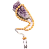 Sığırcık Kesim 11x9 mm Yoğun Hareli Sıkma Kehribar Alpaka Püsküllü Tesbih thumbnail 2