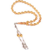 Arpa Kesim 11x9 mm Şeffaf Ateş Kehribar Alpaka Püsküllü Tesbih thumbnail 1