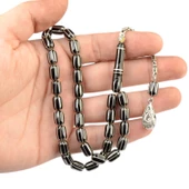 Kapsül Kesim 10x7 mm İşlemeli Erzurum Oltu Taşı  Gümüş Püsküllü Tesbih thumbnail 2