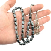 Kapsül Kesim 12x7 mm İşlemeli Erzurum Oltu Taşı  Gümüş Püsküllü Tesbih - 2