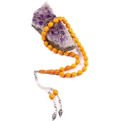 Beyzi Kesim 11x9 mm Hareli Sıkma Kehribar Alpaka Püsküllü Tesbih thumbnail 2