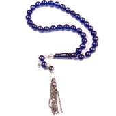 Küre Kesim 9x9 mm Parlament Mavisi Ateş Kehribar Alpaka Püsküllü Tesbih thumbnail 1