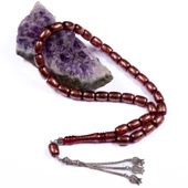 Özel Seri Fıçı Kesim  12x9 mm Bakır İşlemeli Ateş Kehribarı Gümüş Püsküllü Tesbih thumbnail 2