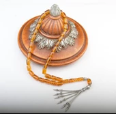 Kapsül Kesim 12x8mm Fosilli Beyrut Kehribarı Alpaka Püsküllü Tesbih thumbnail 1