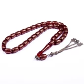 Özel Seri Fıçı Kesim  12x9 mm Bakır İşlemeli Ateş Kehribarı Gümüş Püsküllü Tesbih thumbnail 1