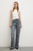Yüksek Bel Kesik Paça Wide Leg Jean Füme - 1