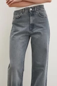 Yüksek Bel Kesik Paça Wide Leg Jean Füme - 7