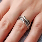 Bağlı Tüy Şekilli Unisex Yüzük Gümüş Kaplama Ayarlanabilir El Yapımı Yüzük - 3