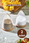 GRİMOR Life 2 Li Lüx Ahşap Altlıklı Piramit Modelli Tuzluk Biberlik Seti-silikon Kapaklı Damla Baharatlık 80 ml - 1