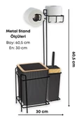 GRİMOR Life Ahşap Desenli Metal Standlı Yedekli Wc Kağıtlık Banyo Seti Siyah 3 Adet Duş Lifi Hediye - 3