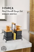 GRİMOR Life Metal Standlı Siyah Ahşap Detaylı Çamaşır Suyu ve Sıvı Sabunluk Banyo Seti-Sünger Hediyeli - 1