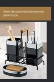 GRİMOR Life Metal Standlı Krom Detaylı Banyo Seti Siyah- Sıvı Sabunluk Katı Sabunluk Diş Fırçalık - 5