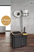 GRİMOR Life Ahşap Desenli Metal Standlı Yedekli Wc Kağıtlık Banyo Seti Siyah 3 Adet Duş Lifi Hediye - 1
