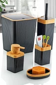 GRİMOR Life 5'li Siyah Ahşap Desenli Çizgili Lüx Banyo Seti 3 Adet Duş Lifi Hediye - 1