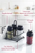 GRİMOR Life Perla Metal Standlı Peçetelik Hazneli 4'lü Çift Kapaklı Cam Baharatlık Seti - Baharat Takımı - 2